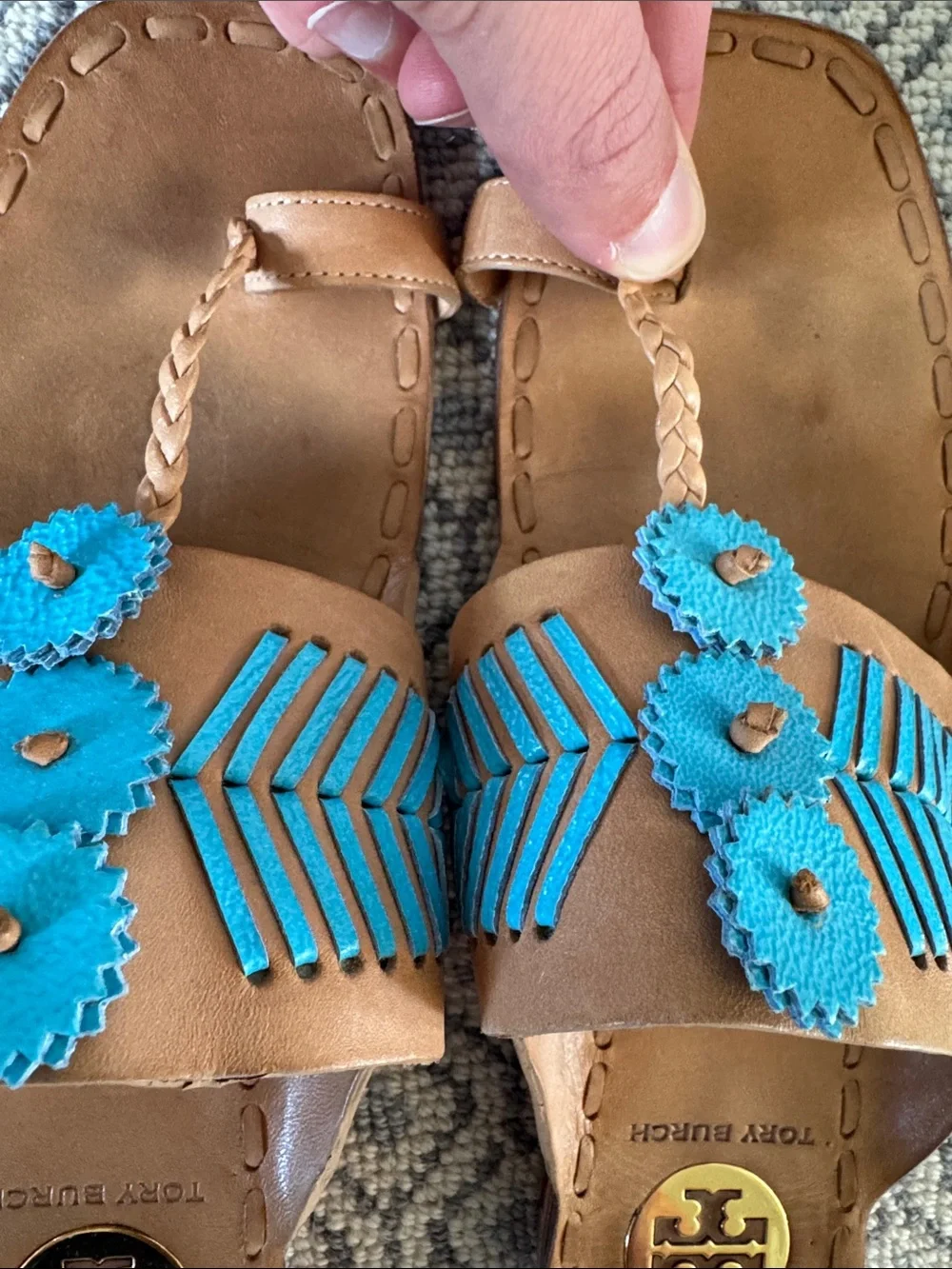 Tory Burch Brown Leather Slide Sandals with Turquoise Floral Accents